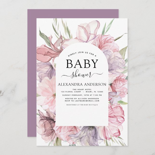 Invitation Baby shower Boho Dusty rose violet (Devant / Derrière)