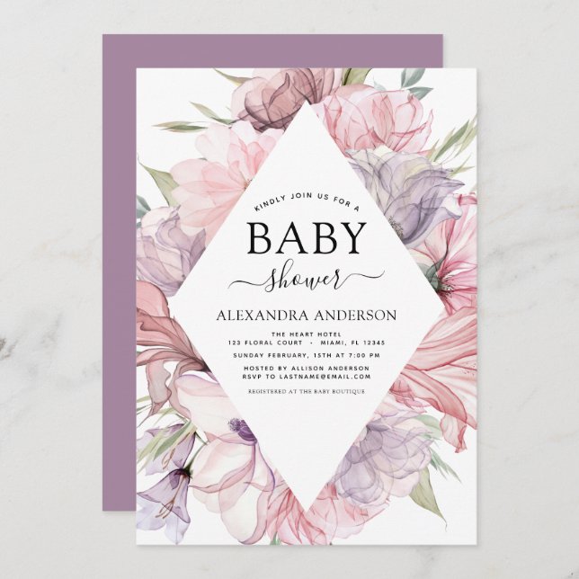 Invitation Baby shower Boho Dusty rose violet (Devant / Derrière)