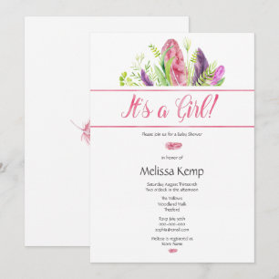 Invitation Baby shower Boho en plumes roses