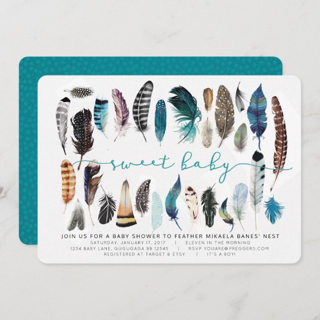 Invitation Baby shower Boho Feather (Devant / Derrière)