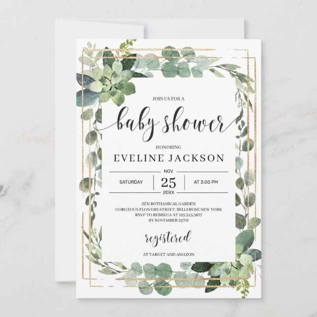 Invitation Baby shower boho fleuri et verdoyant (Devant)