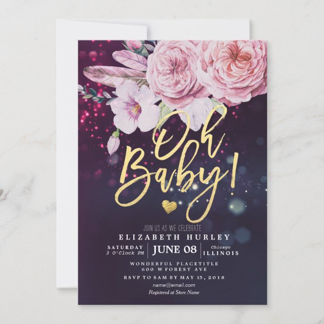 Invitation Baby shower Boho Floral Plumes violet Bokeh Lumièr (Devant)
