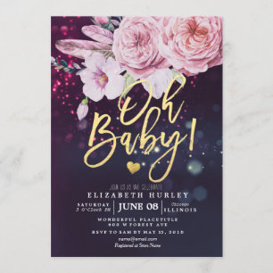 Invitation Baby shower Boho Floral Plumes violet Bokeh Lumièr