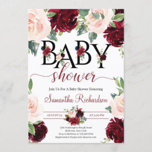 Invitation Baby shower boho floral rose et bordeaux