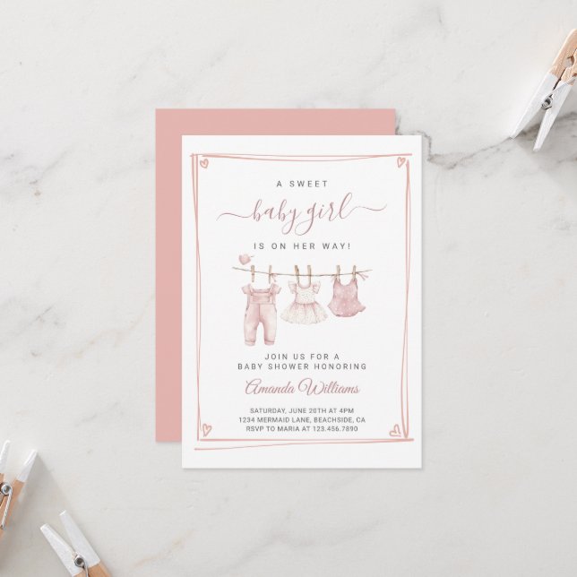 Invitation Baby shower Boho Girl Clothesline (Devant/Arrière en situation)