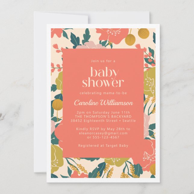 Invitation Baby shower Boho Jaune Orange Botanique Fleurs (Devant)