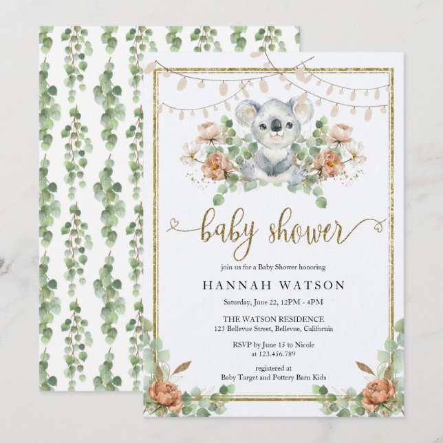 Invitation Baby shower Boho Koala Eucalyptus Woodland (Devant / Derrière)