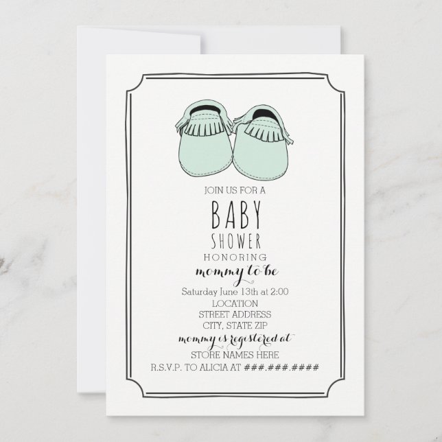Invitation Baby shower Boho Mocasins Vert Mint (Devant)
