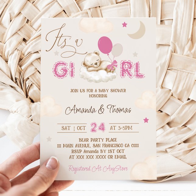 Invitation Baby shower Boho Ours Rose (Créateur téléchargé)