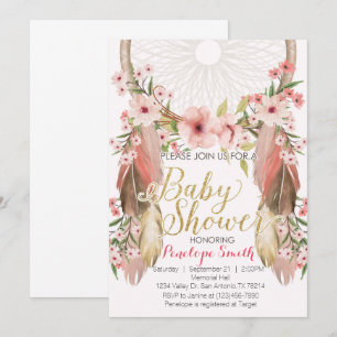 Invitation Baby shower Boho Pink Gold Dreamcatcher
