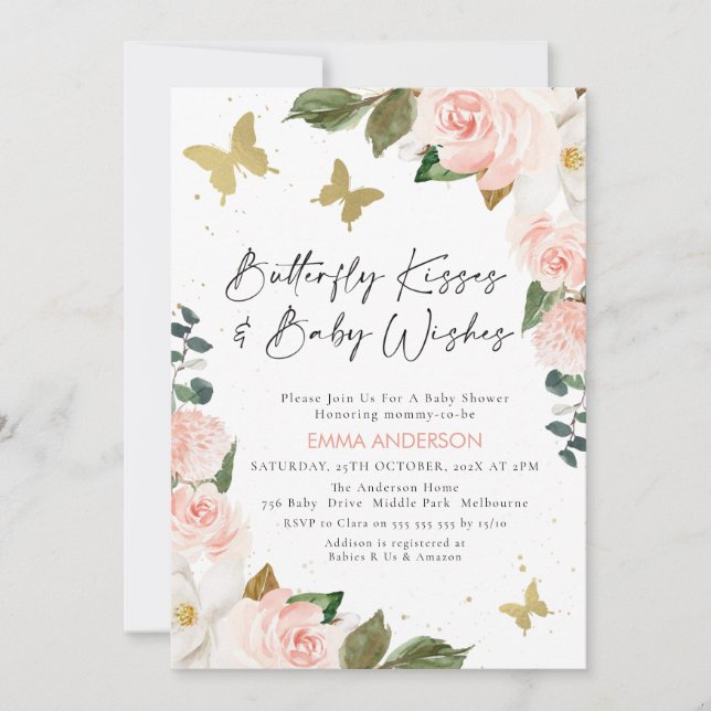 Invitation Baby shower Boho Rose Floral Butterfly Kisses (Devant)