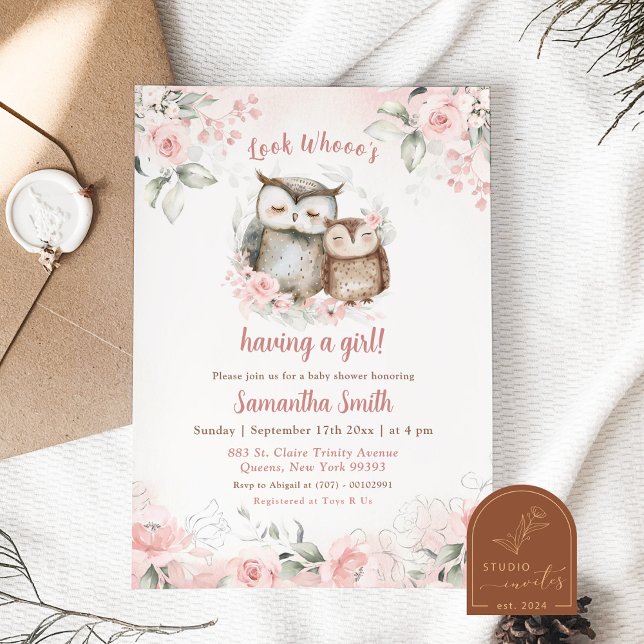 Invitation Baby shower Boho Rose Floral Owl (Créateur téléchargé)
