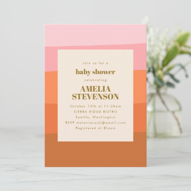 Invitation Baby shower Boho Rose Orange Abstrait Stripes (Debout devant)