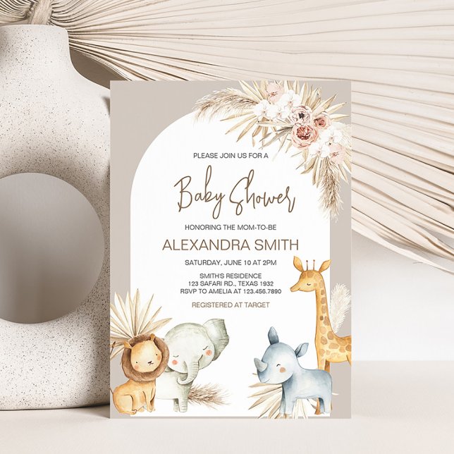 Invitation Baby shower Boho Safari Animaux (Boho Jungle Animals Baby Shower Invitation)