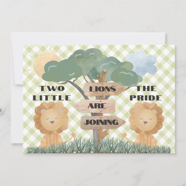 Invitation Baby shower Boho Safari Twin Baby Lion Cubs (Devant)