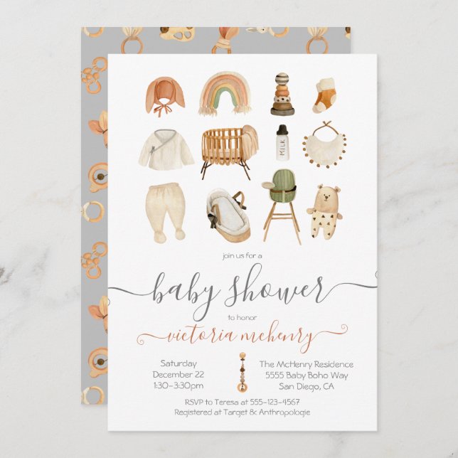 Invitation Baby shower Boho Scandi (Devant / Derrière)