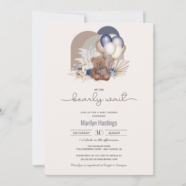 Invitation Baby shower Boho Teddy Bear & Blue White Ballons  (Devant)