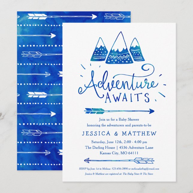 Invitation Baby shower Boho Tribal Blue "Adventure Await" (Devant / Derrière)