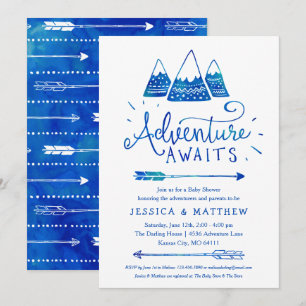 Invitation Baby shower Boho Tribal Blue "Adventure Await"