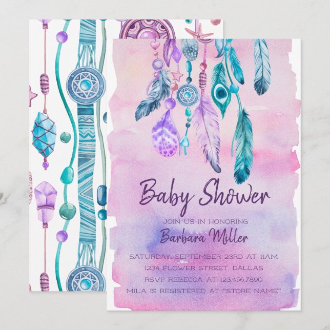 Invitation baby shower Boho Watercolor Dreamcatcher (Devant / Derrière)