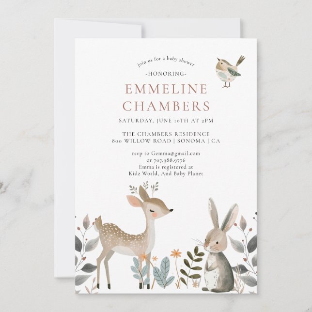 Invitation Baby shower Boho Woodland Forest Animaux (Devant)