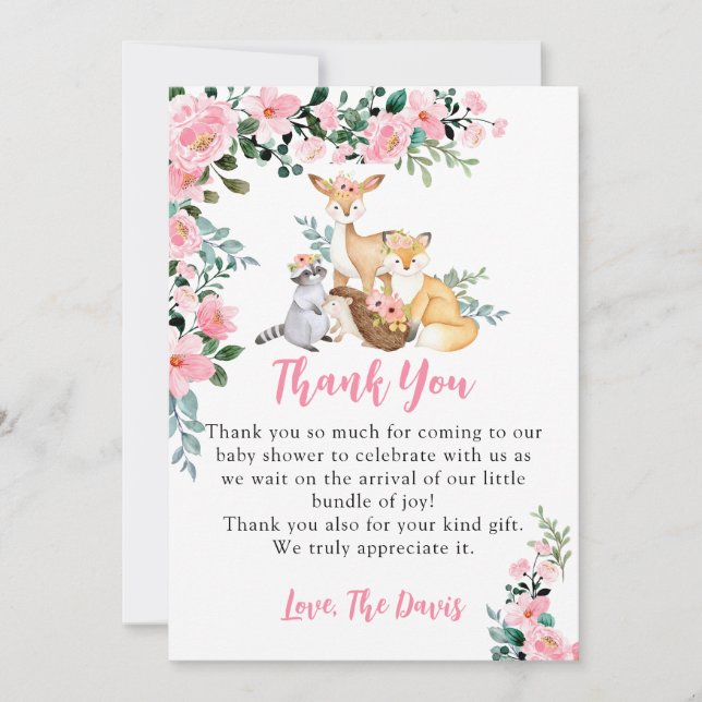 Invitation Baby shower Bois Animaux Fille Rose (Devant)
