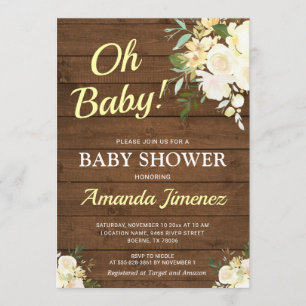 Invitation Baby Shower Bois Floral Chic Genre Neutre Rustique