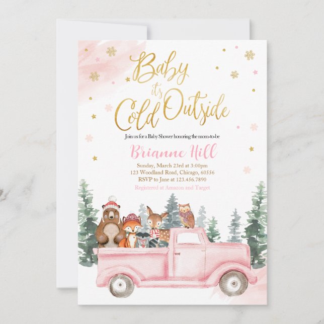 Invitation Baby shower boisé d'hiver rose et or (Devant)