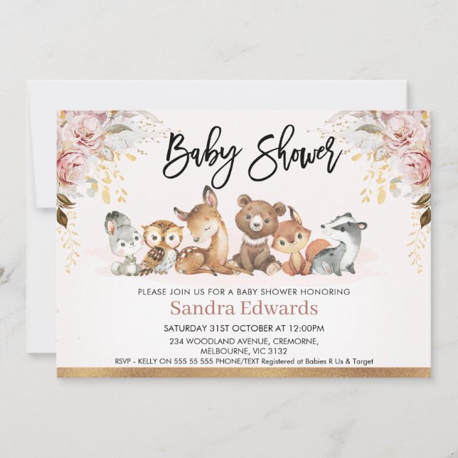 Invitation Baby shower boisé floral d'or (Devant)