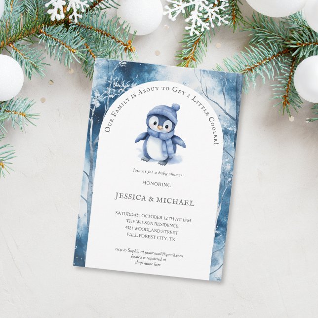 Invitation Baby shower boisé hivernal de Little Penguin (cute blue penguin is on the way)