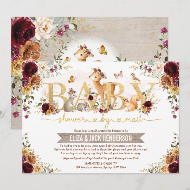 Invitation Baby shower Boisé Orange Bourgogne Brûlé Par Mail (Devant / Derrière)