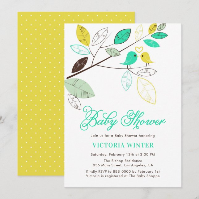 Invitation Baby shower botanique aux oiseaux jaunes et aquati (Devant / Derrière)