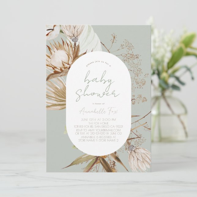 Invitation Baby shower Botanique Boho Sage (Debout devant)