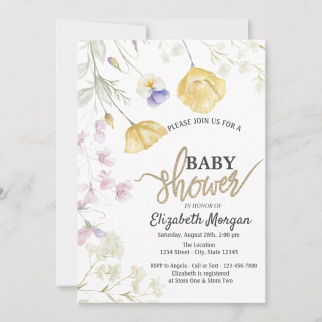 Invitation Baby shower botanique chic Fleur sauvage Watercolo (Devant)