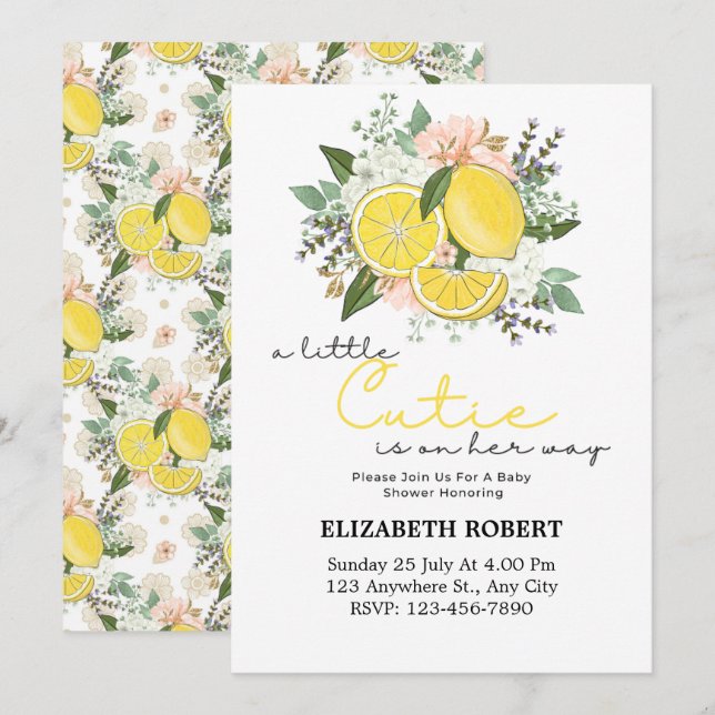 Invitation Baby shower botanique Citrus citron (Devant / Derrière)