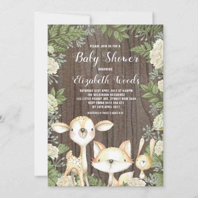 Invitation Baby shower botanique d'animaux de forêt rustiques (Devant)