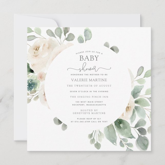 Invitation Baby shower botanique de Rose blanche (Devant)