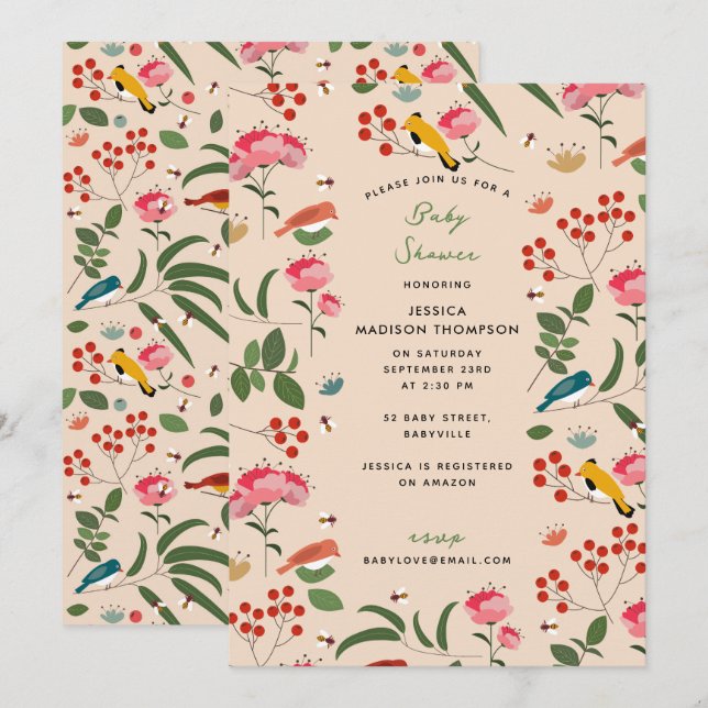 Invitation Baby shower botanique des abeilles à la main tiré (Devant / Derrière)