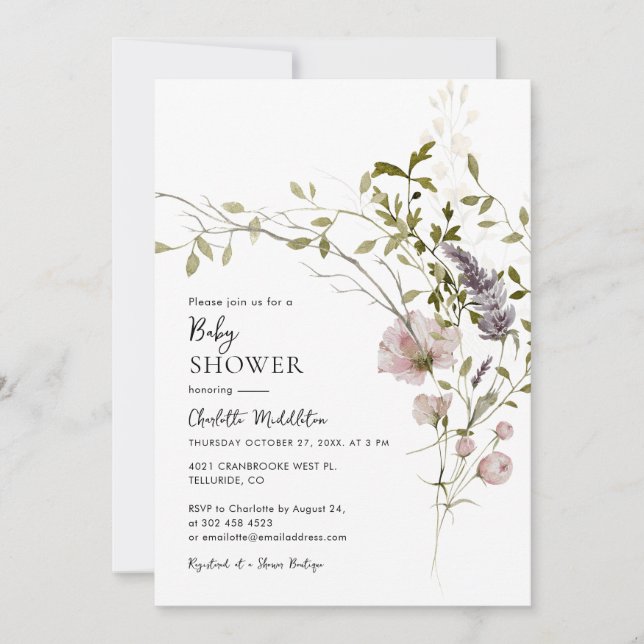 Invitation Baby shower botanique fleur sauvage Boho (Devant)
