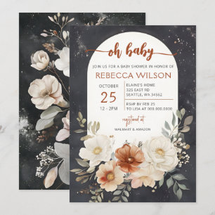 Invitation Baby shower botanique fleuri foncé