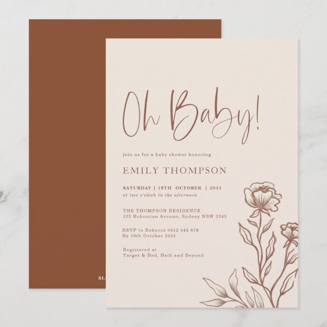 Invitation Baby shower botanique minimaliste en terre cuite (Devant / Derrière)