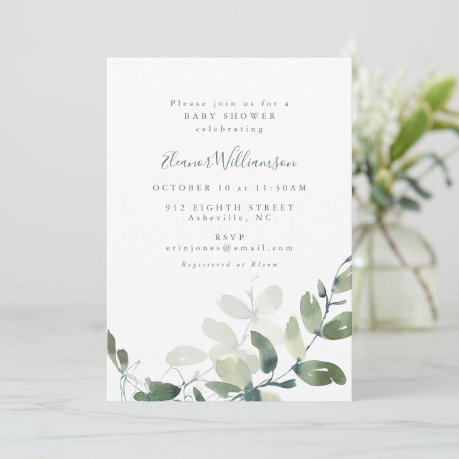 Invitation Baby shower botanique moderne Eucalyptus Boho (Debout devant)