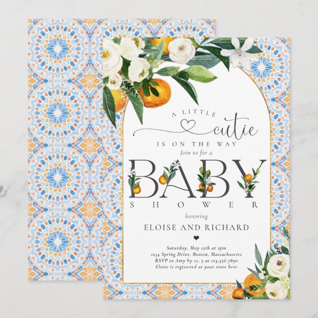 Invitation Baby shower botanique orange de Little Cutie Citru (Devant / Derrière)