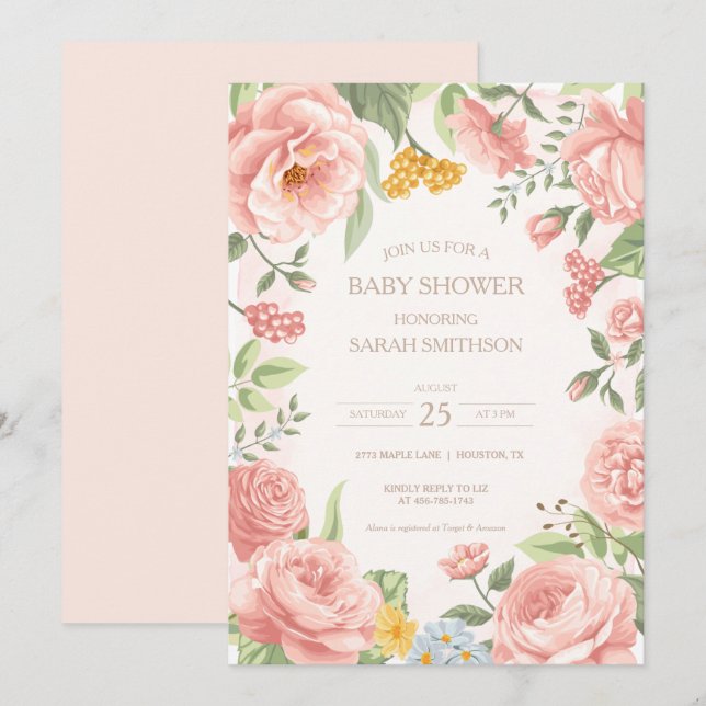 Invitation Baby shower botanique rose Peony (Devant / Derrière)