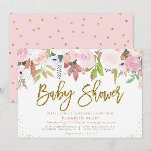 Invitation baby shower botanique rose vif
