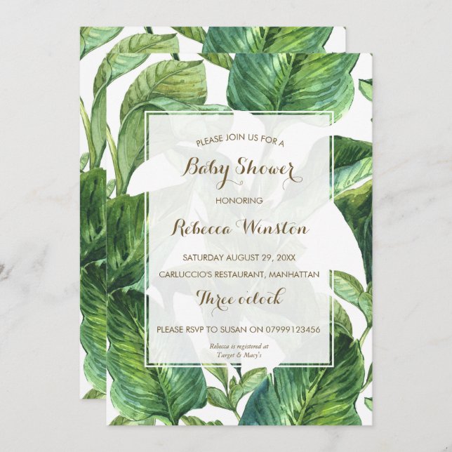 Invitation baby shower botanique tropical feuille (Devant / Derrière)
