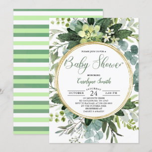 Invitation Baby shower botanique vert or
