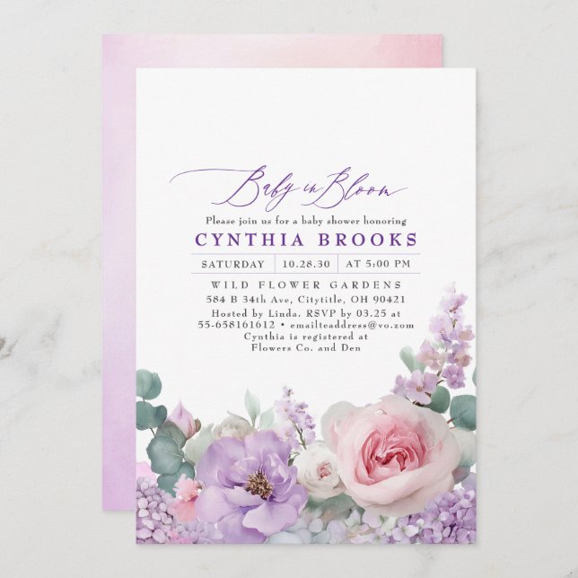 Invitation Baby shower botanique violet et rose floral boho (Devant / Derrière)