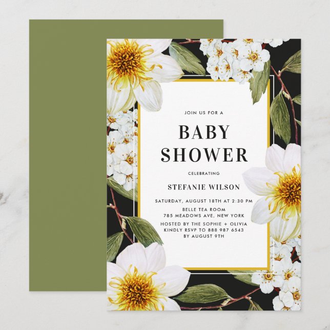 Invitation Baby shower botanique White Dahlia et Spirea (Devant / Derrière)