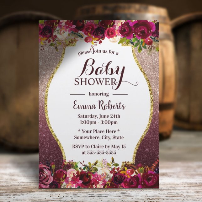 Invitation Baby shower Bourgogne Floral Moderne Rose Or (Créateur téléchargé)